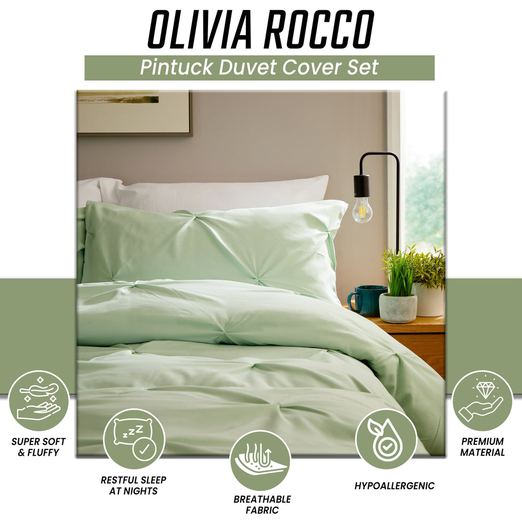 Pintuck Sage Green Microfibre Duvet Cover Set with Pillowcases Soft Breathable Easy Care Bedding Set Quilt Cover