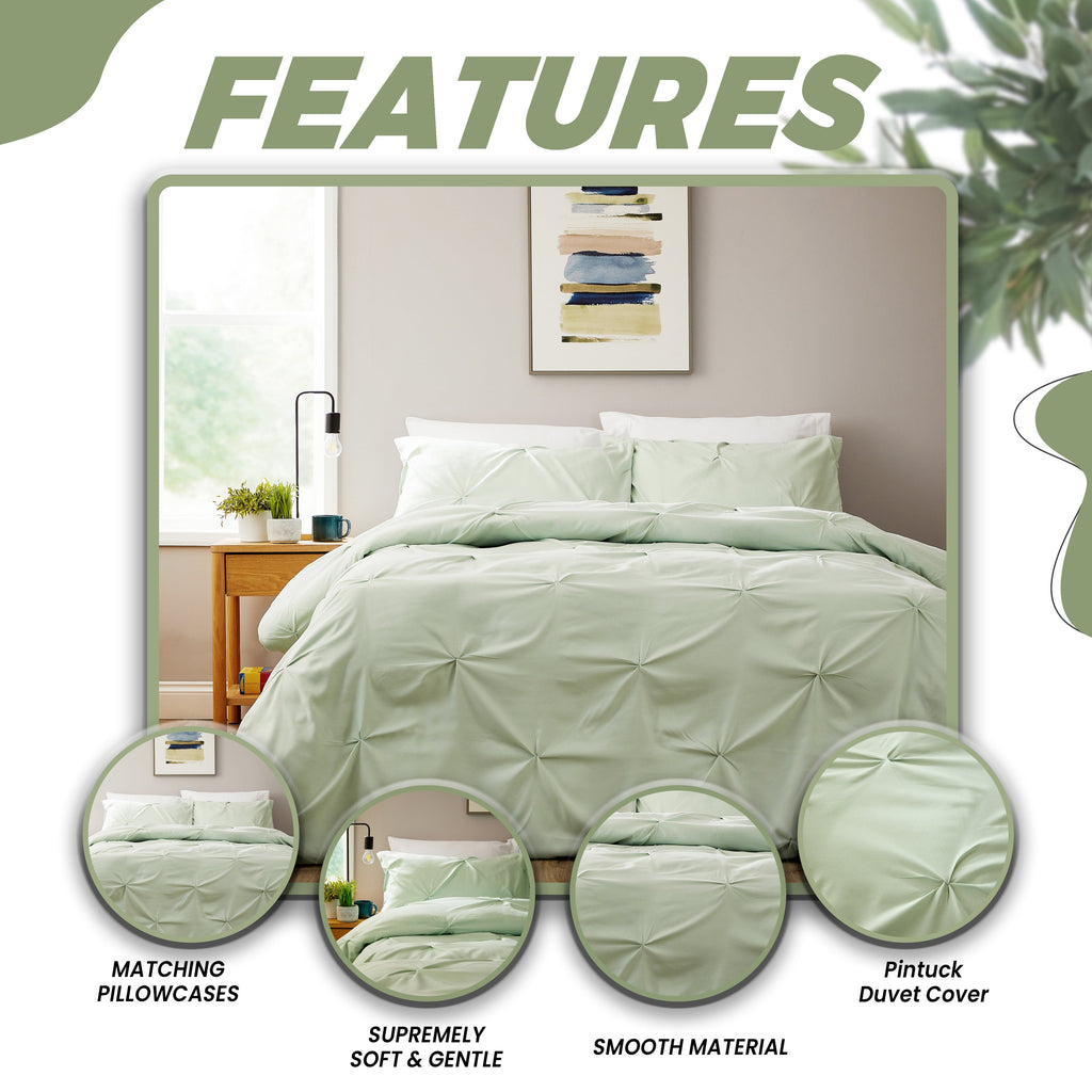 Pintuck Sage Green Microfibre Duvet Cover Set with Pillowcases Soft Breathable Easy Care Bedding Set Quilt Cover