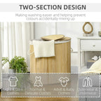 Two-section natural bamboo laundry hamper with lid and side rope handles