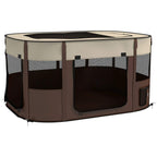 Brown foldable dog pen with mesh sides and dark front door opening