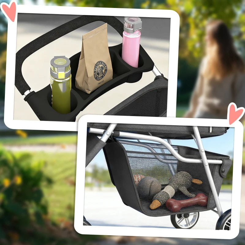 Dark grey pet stroller with storage area holding bottles and shopping bag