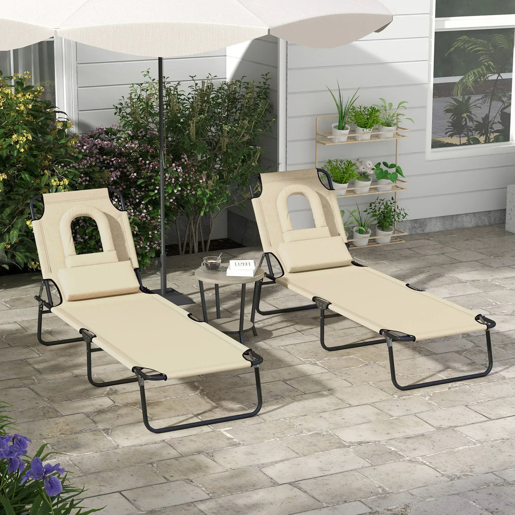 Folding Sun Loungers Set of 2 with Face Hole, 4-Position Adjustable Backrest Garden Recliner Chairs Sunbeds, Outdoor Lounge Chairs with 600 D Oxford Cloth Seat, Pillow for Beach, Sand - Bobobiy