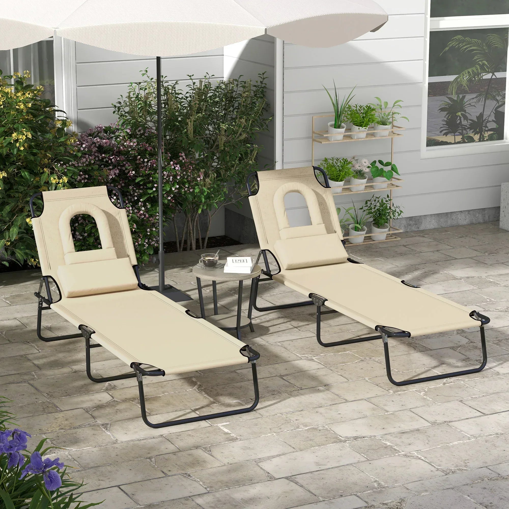 Folding Sun Loungers Set of 2 with Face Hole, 4-Position Adjustable Backrest Garden Recliner Chairs Sunbeds, Outdoor Lounge Chairs with 600 D Oxford Cloth Seat, Pillow for Beach, Sand - Bobobiy