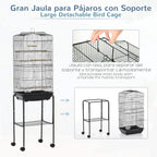 Black large detachable bird cage on stand with slide-out tray and lower storage shelf