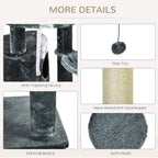 Cat tree detail close-up: anti-toppling device, sisal rope pole, and soft plush surfaces