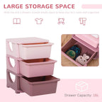 Pink 3-tier plastic storage unit with elevated base and partially open top drawer