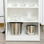 White lower shelf cabinet with stainless ice bucket and metal bowl