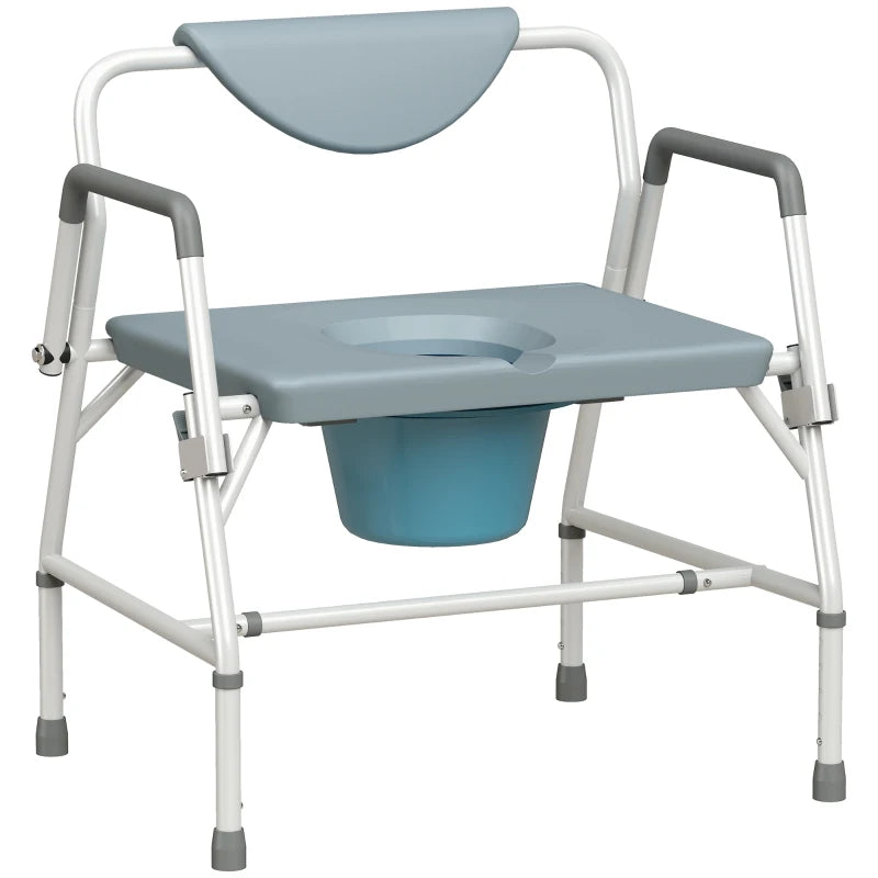 Height-adjustable bedside commode chair with flip-up arms and blue seat, white frame