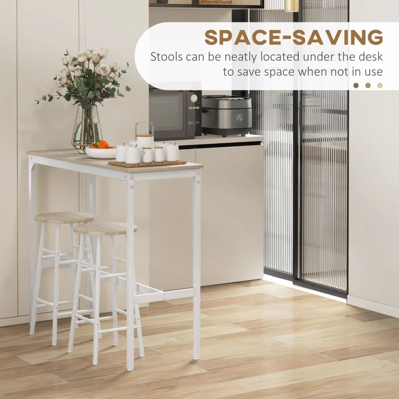 Space-saving bar table set with two stools tucked under the tabletop when not in use.