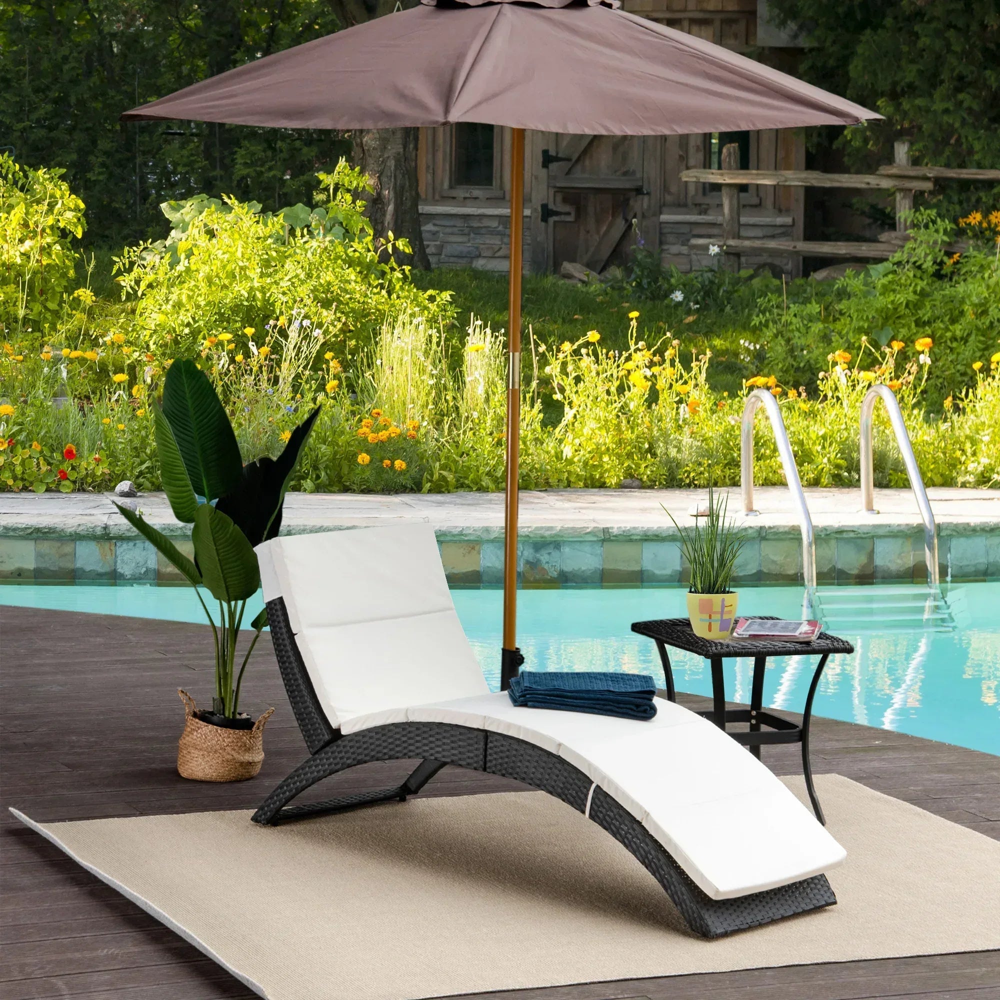 Outdoor Foldable PE Rattan Sun Lounger with Soft Padded Cushion, Ergonomic Curved Design Sun Bed for Balcony, Garden, Black - Bobobiy