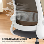 Close-up of grey breathable mesh backrest on a swivel desk chair.