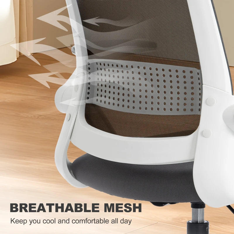 Close-up of grey breathable mesh backrest on a swivel desk chair.