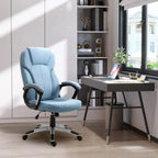 Blue office chair with padded armrests and wheeled swivel base, side view