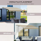 Khaki retractable awning mounted above doors and windows on a white frame