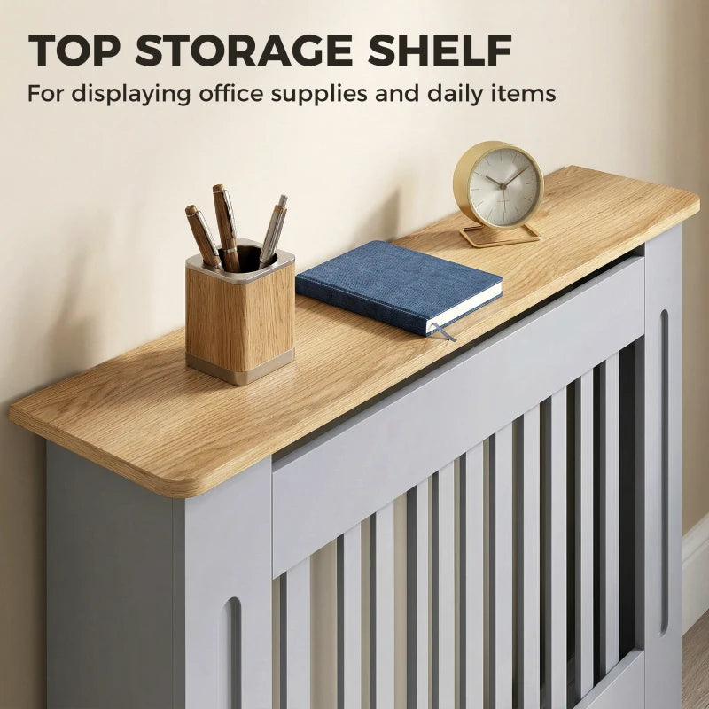 Grey radiator cover with flat light wood top shelf and vertical slat grill