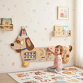 Wooden dachshund busy board wall panel with bead counting frame and spinning gears