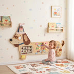 Wooden dachshund busy board wall panel with bead counting frame and spinning gears