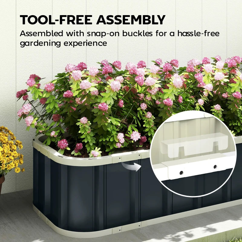 Flower-filled dark grey raised garden bed with snap-on buckle assembly detail