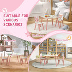Pink kids table and chairs with easel for playroom or classroom use