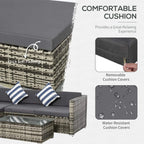 Grey rattan sofa with thick seat cushions and removable, water-resistant cushion covers
