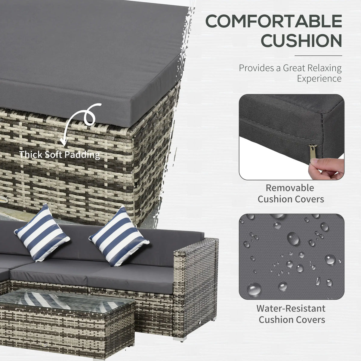 Wicker sofa set with thick dark cushions, removable covers and striped pillows