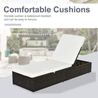 Brown rattan sun lounger with white removable cushion pad and backrest section