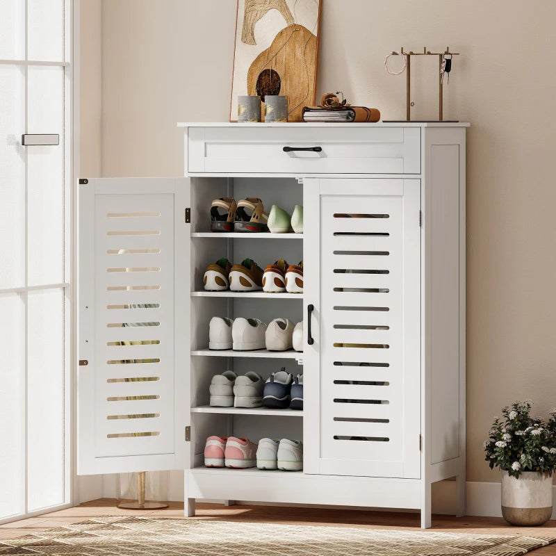 White shoe cabinet with drawer and louvered doors; open shoe storage compartments