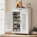 White shoe cabinet with drawer and louvered doors; open shoe storage compartments