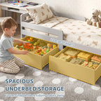 Grey kids bed frame with open storage drawers and guard rails, slatted mattress base