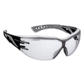 Clear safety glasses with black side arms and vented top frame
