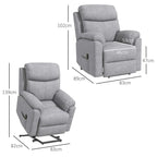 Grey lift recliner chair with padded back and wide seat, shown with size guide