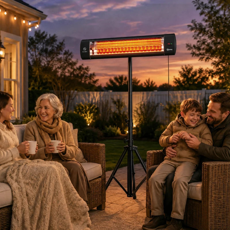 Black infrared patio heater on tripod warming a backyard seating group