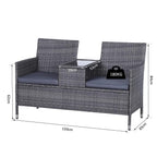 Grey 2-seater rattan-style outdoor bench with center table and two seat cushions