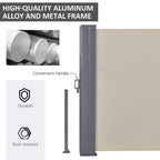 Steel frame side awning with convenient pull handle and beige retractable privacy fabric