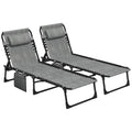 Portable Sun Lounger Set of 2, Folding Camping Bed Cot, Reclining Lounge Chair 5-position Adjustable Backrest with Side Pocket, Pillow for Patio Garden Beach Pool, Mixed Grey - Bobobiy