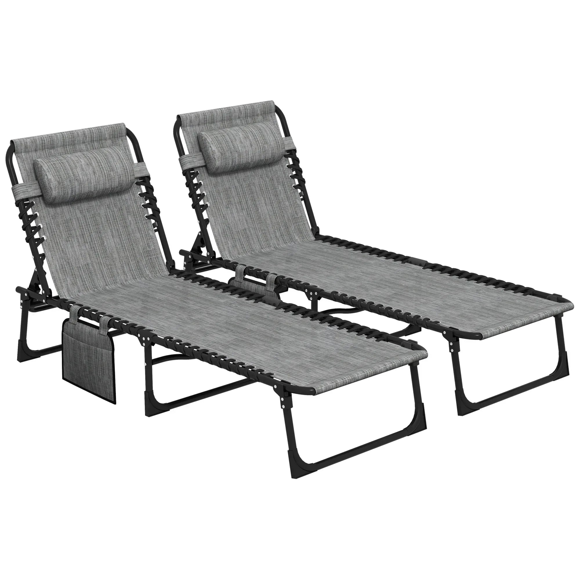 Portable Sun Lounger Set of 2, Folding Camping Bed Cot, Reclining Lounge Chair 5-position Adjustable Backrest with Side Pocket, Pillow for Patio Garden Beach Pool, Mixed Grey - Bobobiy