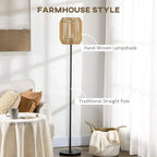 Farmhouse floor lamp with hand-woven rattan shade on a straight black pole