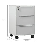 White and grey three-drawer locking filing cabinet with key lock and four caster wheels