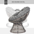 Grey swivel Papasan chair with woven rattan base and thick padded seat cushion
