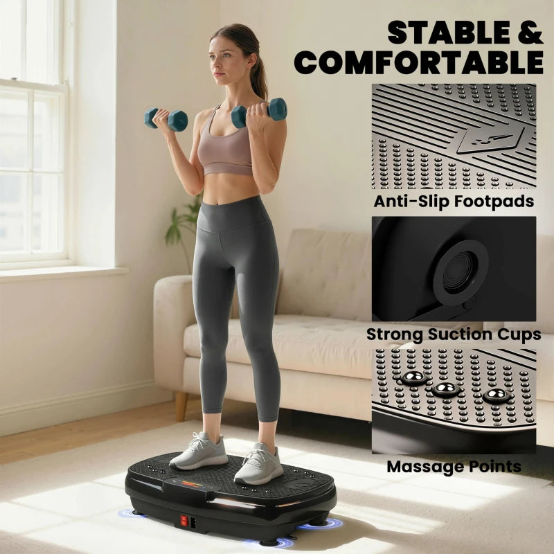 Black vibration platform with anti-slip foot pads, suction cups, and massage nubs