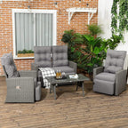 Grey outdoor rattan sofa set with two chairs, loveseat, and square glass-top table