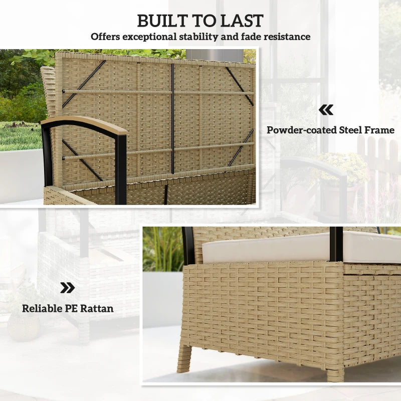 Khaki PE rattan storage bench with powder-coated steel frame, lid open