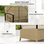 Khaki PE rattan storage bench with powder-coated steel frame, lid open