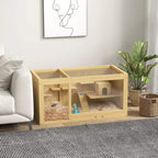 Natural wood hamster cage with open front view, platforms, and indoor digging area
