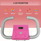 Pink LCD monitor on folding exercise bike with gray handlebar grips