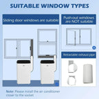 White portable air conditioner with exhaust hose placement shown for window installation