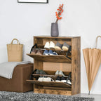 Rustic brown narrow shoe cabinet with two flip drawers open, shoe storage inside
