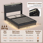 Black double bed frame with tufted headboard, slat support, and hydraulic lifting base