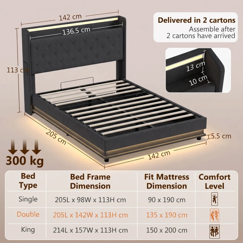 Black double bed frame with tufted headboard, slat support, and hydraulic lifting base
