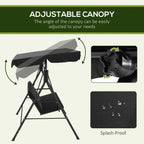 Black three-seat swing chair with adjustable canopy, hanging straps, and padded bench